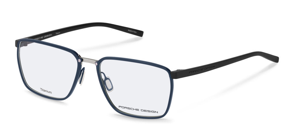 Porsche Design P8787 men's square full-rim eyeglasses in Blue W Black, with a dark blue front, contrasting bridge and black temples.

