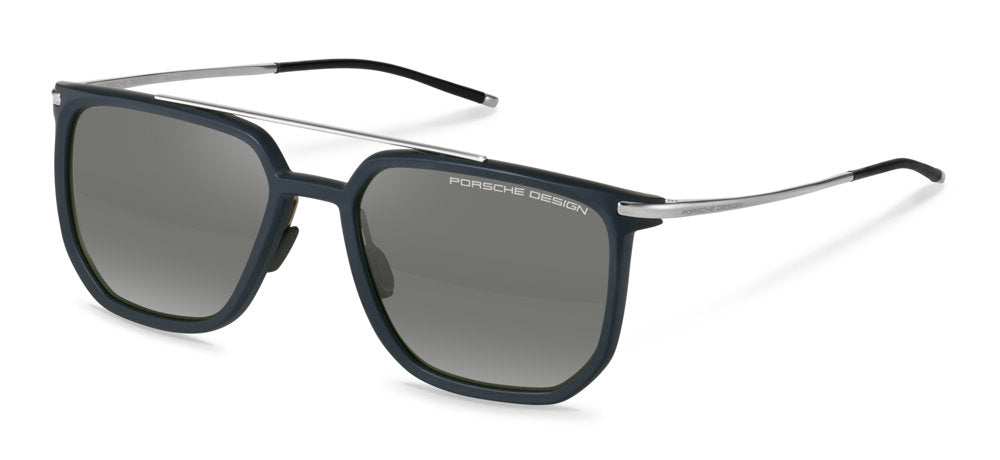 Porsche Design P8992 men's full-rim navigator sunglasses in Blue W Smoke Grad, with gray gradient-looking lenses, a double bridge and silver-tone temples.

