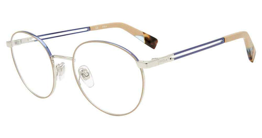 Furla VFU505 women's pantos eyeglasses in Blue with slim full rims, pale metallic-toned bridge and lower rims, blue open temple details, separate nose pads, and light temple ends with mottled tips.


