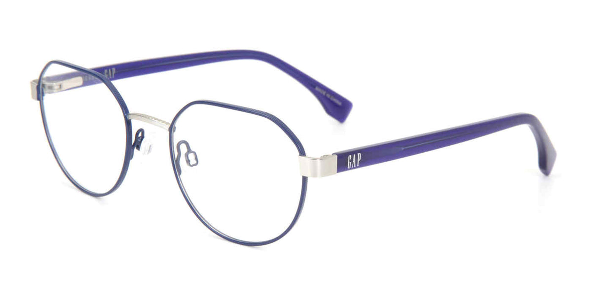 Gap VGP030 men's modified-rounded metal eyeglasses in Blue with a full rim, adjustable nose pads, and silver-tone accents.

