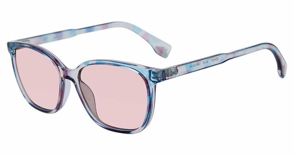 Gap SGP207 unisex rectangular plastic sunglasses in Blue with a blue-patterned full rim and pale pink lenses.