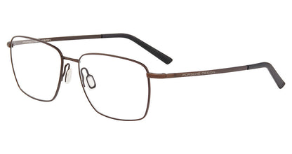 Porsche Design P81001 men's square full-rim eyeglasses in Brown Black, with fine brown-tone rims, slim temples and black tips.

