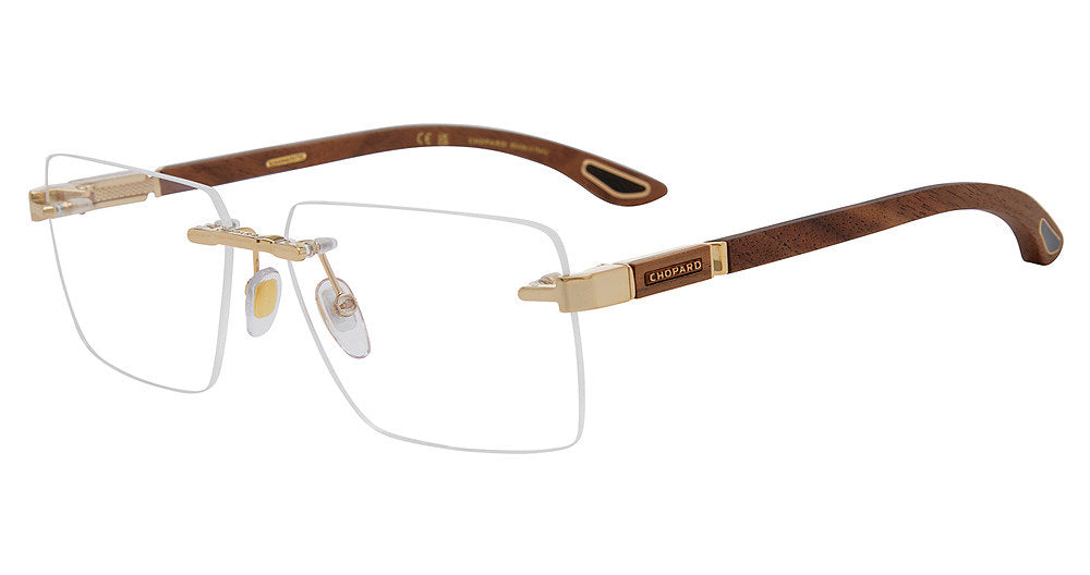 Chopard VCHM07V men's square rimless eyeglasses in Brown Gold with textured brown temples and gold-tone bridge detailing.