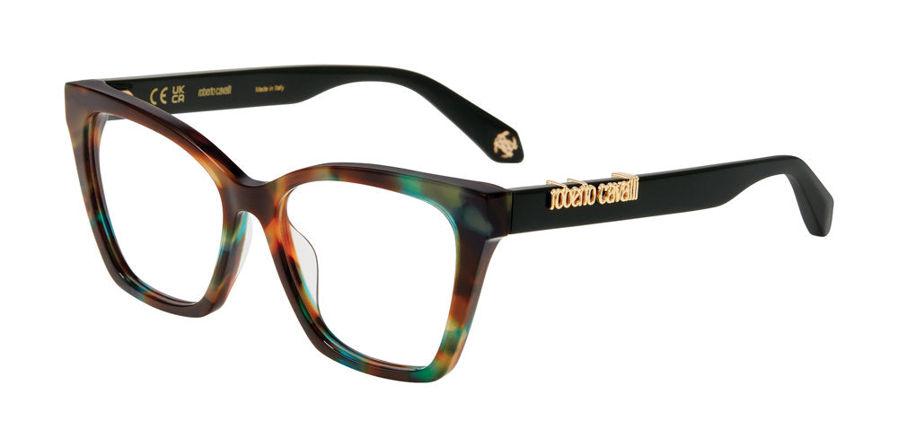 Roberto Cavalli VRC159M women's butterfly full-rim eyeglasses in Brown Green Havana with gold-tone temple lettering.

