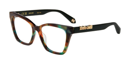 Roberto Cavalli VRC159M women's butterfly full-rim eyeglasses in Brown Green Havana with gold-tone temple lettering.

