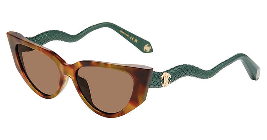 Roberto Cavalli SRC128M women's cat-eye full-rim sunglasses in Brown Green Havana with brown-and-amber mottling, green snake-style temples, brown lenses, and gold-toned logos.

