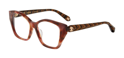 Roberto Cavalli VRC164M women's geometric full-rim eyeglasses in Brown Pink Havana with dark striped temples and gold-tone emblems.

