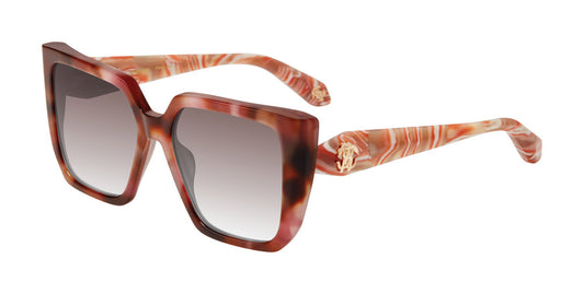 Roberto Cavalli SRC170M women’s square sunglasses in Brown Pink Havana with pink marbled temples, gold-tone logo accents and gradient lenses.