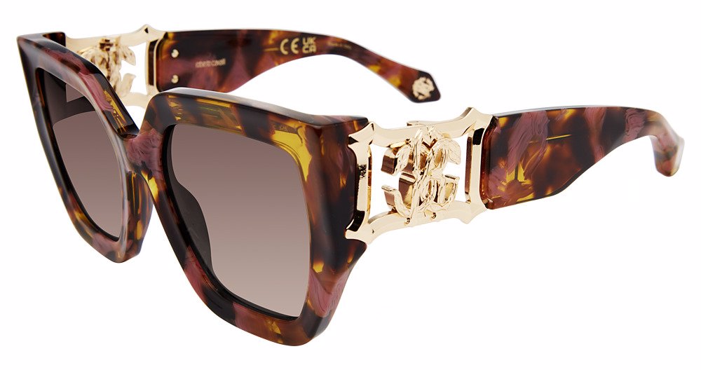 Roberto Cavalli SRC089 women's geometric full-rim sunglasses in Brown Pink Havana with reddish-brown and amber mottling, brown gradient-looking lenses, and gold-toned side details.

