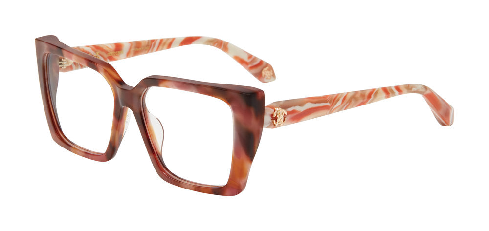 Roberto Cavalli VRC163M women's square full-rim eyeglasses in Brown Pink Havana with pink and cream patterned temples and gold-tone emblems.

