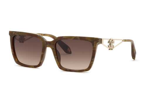 Roberto Cavalli SRC157M women’s square sunglasses in Brown Stone Effect with brown gradient lenses and decorative openwork temples.

