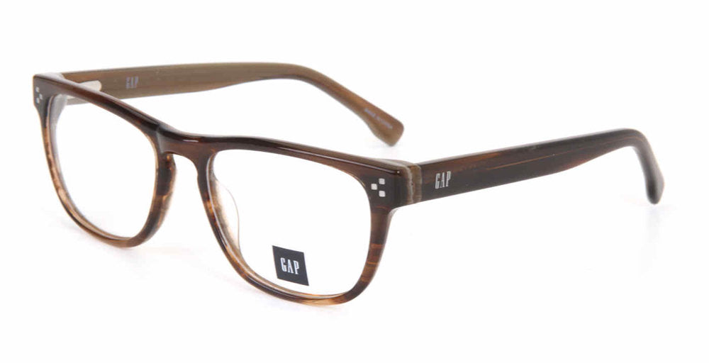 Gap VGP042 men's rectangular plastic eyeglasses in Brown Striped with a full rim, tonal brown patterning, and small corner accents.

