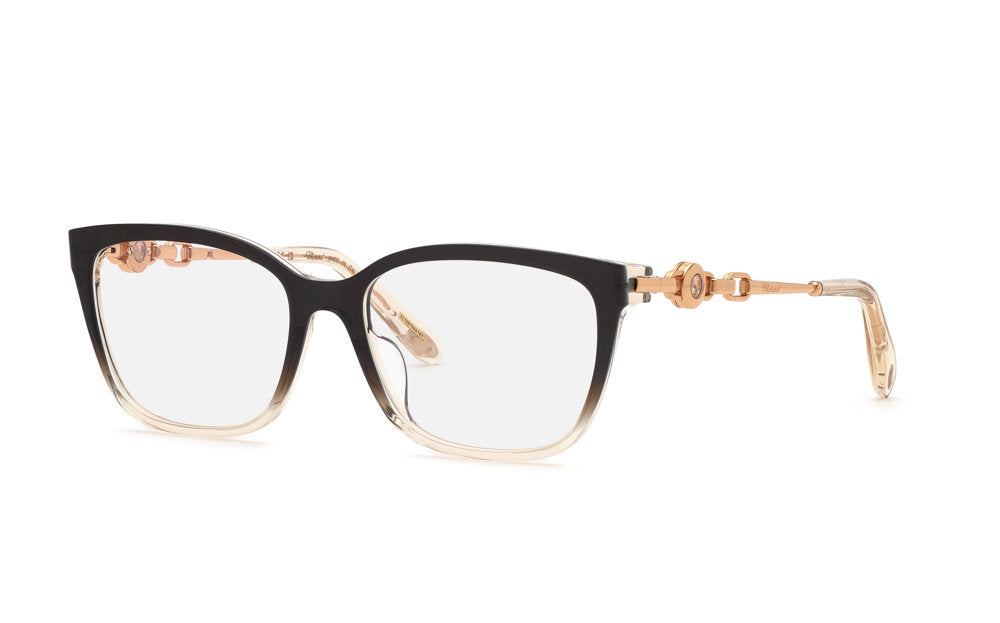 Chopard VCH420S women's square full-rim eyeglasses in Brown Top Beige Base with decorative gold-tone temples.

