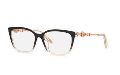 Chopard VCH420S women's square full-rim eyeglasses in Brown Top Beige Base with decorative gold-tone temples.

