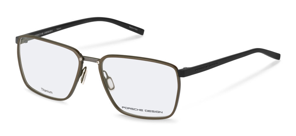 Porsche Design P8787 men's square full-rim eyeglasses in Brown W Black, shown with an olive-brown front, contrasting bridge and black temples.

