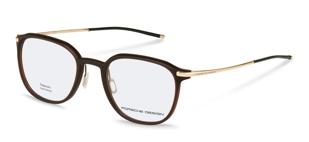 Porsche Design P8785 men's full-rim eyeglasses in Brown W Gold, with rounded brown contours, gold-tone temples and separate nose pads.

