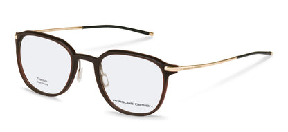 Porsche Design P8785 men's full-rim eyeglasses in Brown W Gold, with rounded brown contours, gold-tone temples and separate nose pads.

