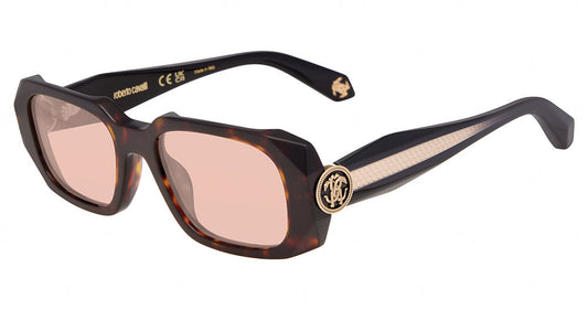 Roberto Cavalli SRC187M women's square plastic sunglasses in Brown with Yellow Havana, with rose-tinted lenses and circular gold-tone temple logos.