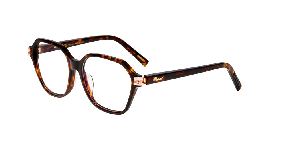 Chopard VCH429S women's square full-rim eyeglasses in Brown Yellow Havana with metallic-tone temple accents.

