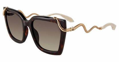 Roberto Cavalli SRC034M women's butterfly sunglasses in Brown Yellow Havana with mottled full rims, brown gradient-looking lenses, gold-toned snake-shaped temples, and pale tips.

