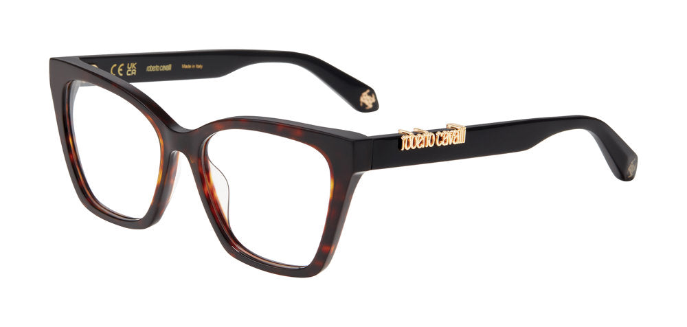 Roberto Cavalli VRC159M women's butterfly full-rim eyeglasses in Brown Yellow Havana with gold-tone temple lettering.

