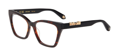 Roberto Cavalli VRC159M women's butterfly full-rim eyeglasses in Brown Yellow Havana with gold-tone temple lettering.

