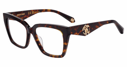 Roberto Cavalli VRC112 women's butterfly plastic eyeglasses in Brown Yellow Havana with full rims and gold-tone temple emblems.

