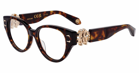 Roberto Cavalli VRC076M women's butterfly plastic eyeglasses in Brown Yellow Havana with full rims and decorative gold-tone temple accents.

