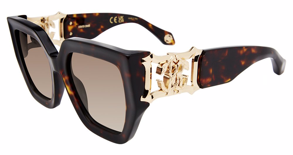Roberto Cavalli SRC089 women's geometric full-rim sunglasses in Brown Yellow Havana with dark brown-and-amber mottling, brown gradient-looking lenses, and gold-toned side details.

