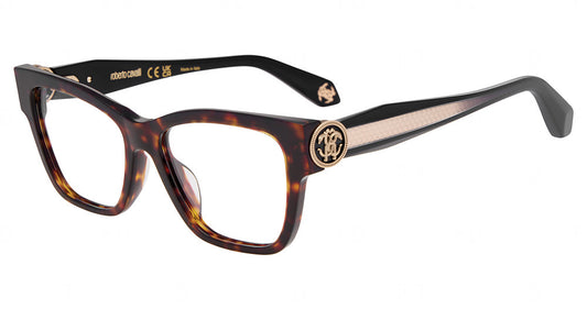 Roberto Cavalli VRC195 women's square plastic full-rim eyeglasses in Brown Yellow Havana with round gold-tone temple emblems and elongated side panels.

