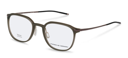 Porsche Design P8785 men's full-rim eyeglasses, Brown option shown with an olive-gray front, slim dark temples and separate nose pads.

