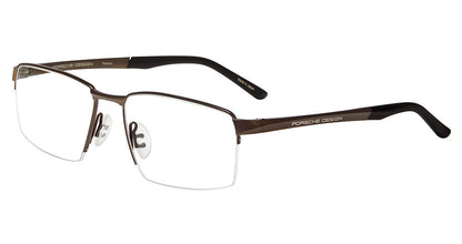 Porsche Design P81005 men's square semi-rimless eyeglasses in Brown, with brown-tone upper rims, dark temple tips and separate nose pads.

