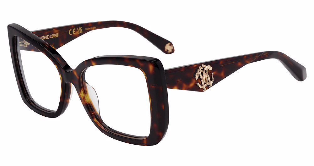 Roberto Cavalli VRC111 women's butterfly plastic eyeglasses in Brown Yellow Havana with full rims, angular corners, and gold-tone temple emblems.

