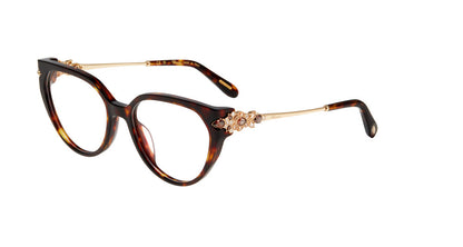 Chopard VCH431S women's geometric full-rim eyeglasses in Classic Havana with ornate temple accents.

