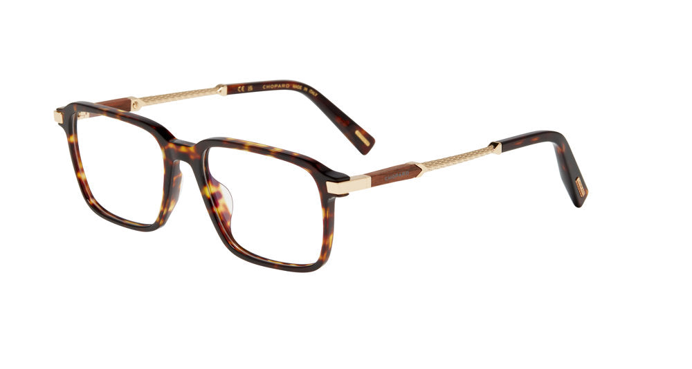 Chopard VCH426 men's square full-rim eyeglasses in Classic Havana with textured gold-tone temple detailing.

