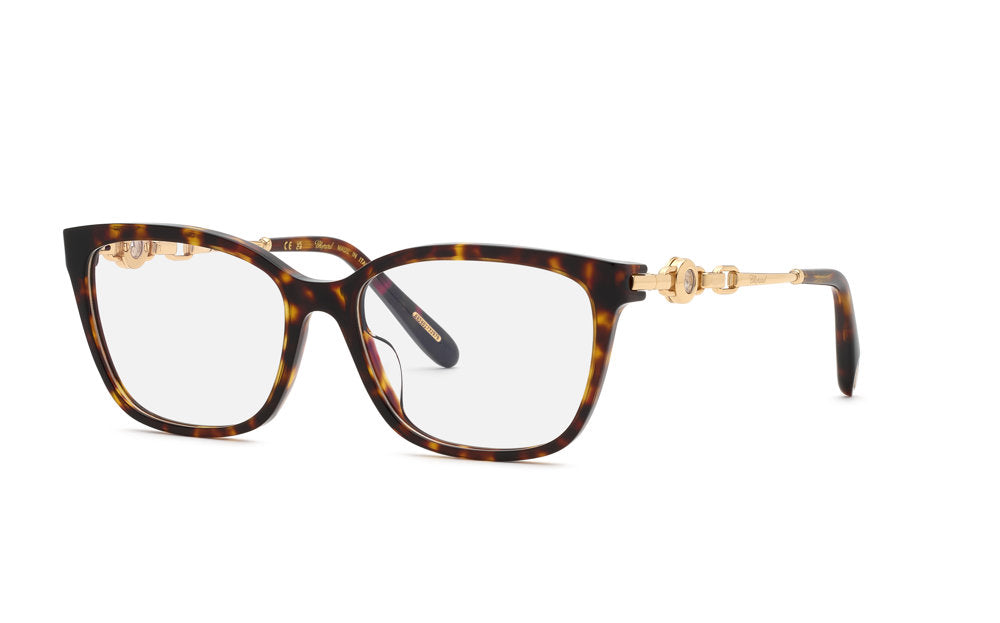 Chopard VCH420S women's square full-rim eyeglasses in Classic Havana with decorative gold-tone temples.

