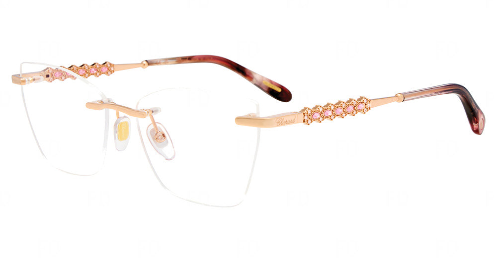 Chopard VCHM97S women's various-form metal rimless eyeglasses in Copper Gold with pink-toned ornate temple accents and patterned temple tips.

