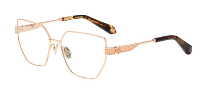 Roberto Cavalli VRC165M women's geometric full-rim eyeglasses in Copper Gold with textured temple details and dark Havana-patterned tips.

