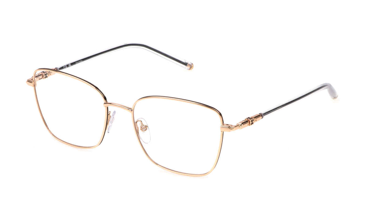 Escada VESE37 women's square eyeglasses in Copper Gold, with warm copper-gold-tone rims, dark upper rim accents, slender dark temples and pale tips.