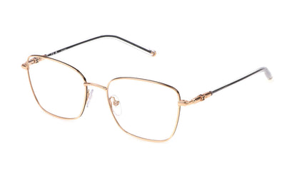 Escada VESE37 women's square eyeglasses in Copper Gold, with warm copper-gold-tone rims, dark upper rim accents, slender dark temples and pale tips.