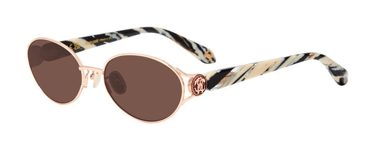 Roberto Cavalli SRC174M women's oval full-rim sunglasses with a copper-toned front, brown lenses, patterned temples, and circular logo accents.