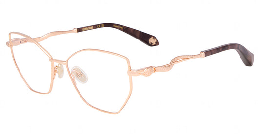 Roberto Cavalli VRC202M women's geometric metal full-rim eyeglasses in Copper Gold with sculpted snake-like temple details and dark mottled tips.

