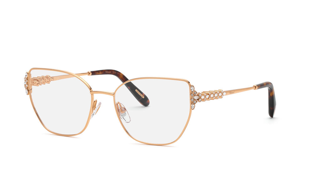 Chopard VCHM17S women's geometric full-rim eyeglasses in Copper Gold with ornate temple accents.

