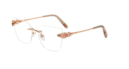 Chopard VCHM47S women's various-form rimless eyeglasses in Copper Gold with ornate temple accents and translucent temple tips.

