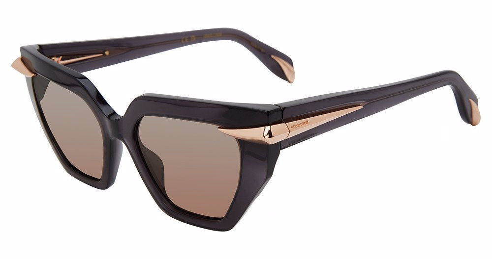 Roberto Cavalli SRC001M unisex geometric sunglasses in Crystal Dark Grey with smoky translucent full rims, brown-toned lenses, and gold-toned corner and temple accents.

