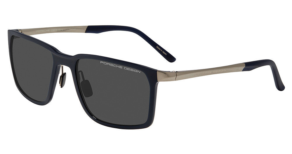 Porsche Design P86002 men's full-rim square sunglasses in Dark Blue Dk Grey, with dark gray lenses, silver-tone temples and dark blue tips.