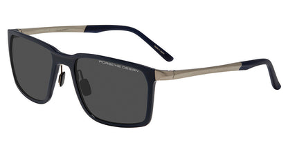 Porsche Design P86002 men's full-rim square sunglasses in Dark Blue Dk Grey, with dark gray lenses, silver-tone temples and dark blue tips.