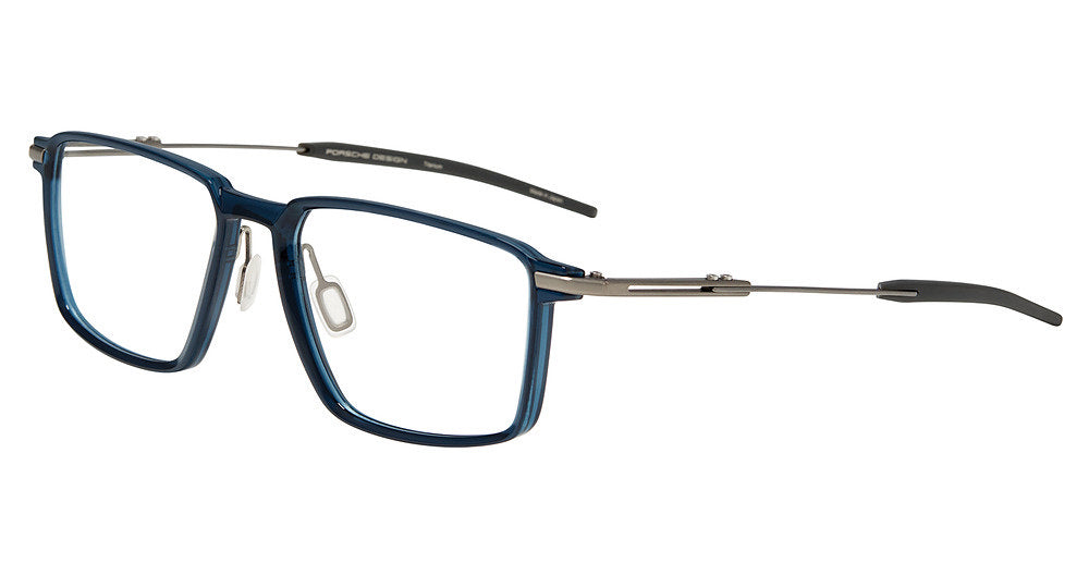 Porsche Design P81006 men's square full-rim eyeglasses in Dark Blue Grey, with a deep blue front, silver-tone temples and dark gray tips.

