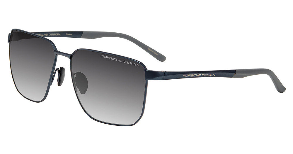 Porsche Design P86004 men's full-rim square titanium sunglasses in Dark Blue Grey, with gray gradient-looking lenses and gray temple tips.

