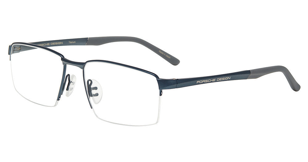 Porsche Design P81005 men's square semi-rimless eyeglasses in Dark Blue, with deep blue-tone upper rims, gray temple tips and exposed lower lens edges.

